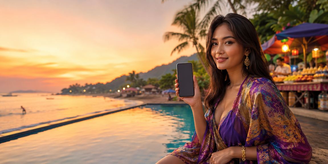 Seseorang menikmati aplikasi kasino di tepi pantai dengan suasana tenang dan santai